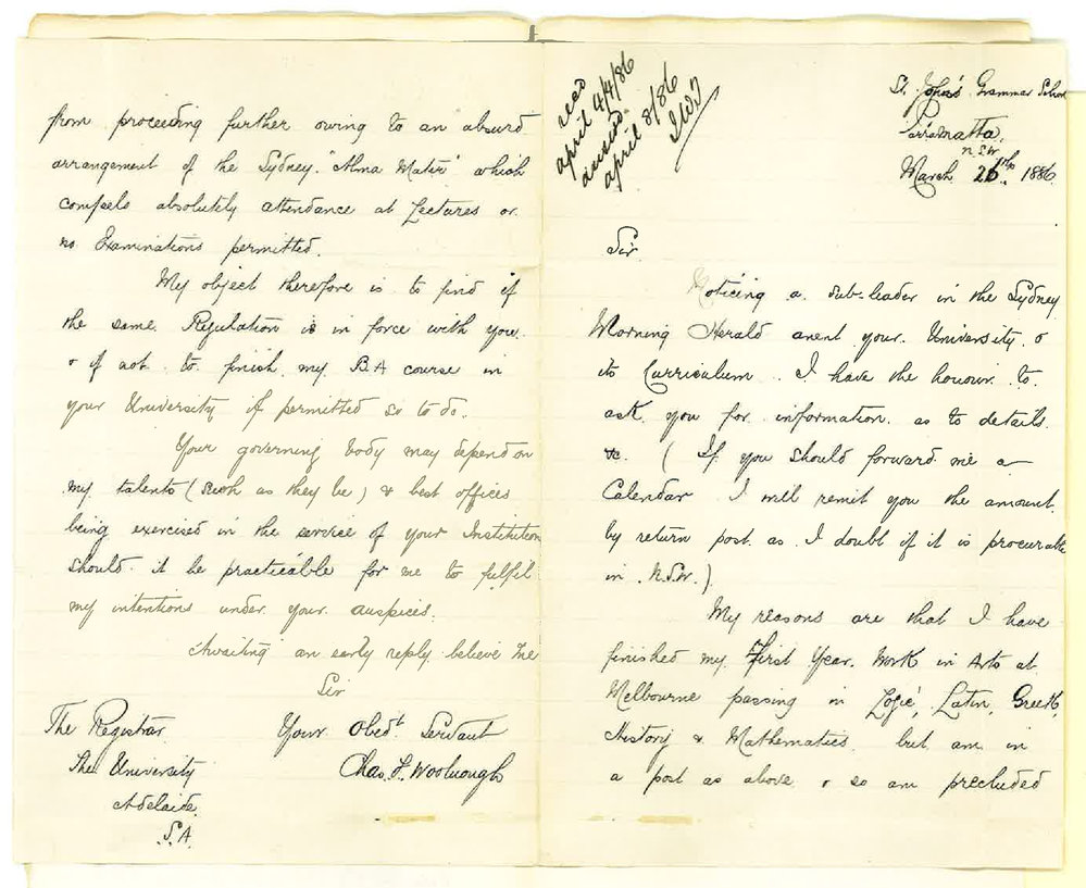 Chas F Woolnough - Parramatta - BA Degree and Exemption from Lectures