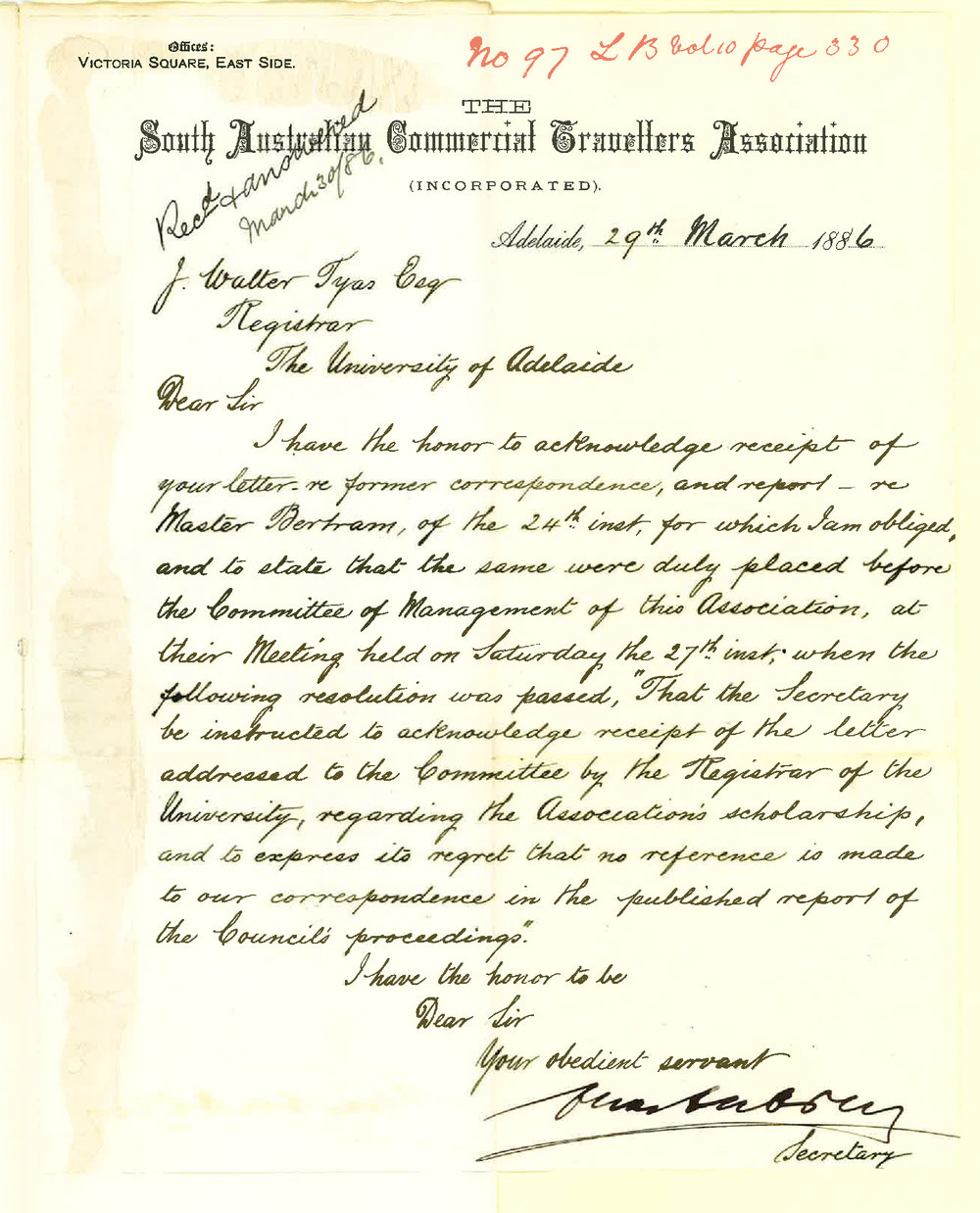 Charles Aubrey - Secretary - South Australian Commercial Travellers Association - Report on R Bertram Travellers Scholar