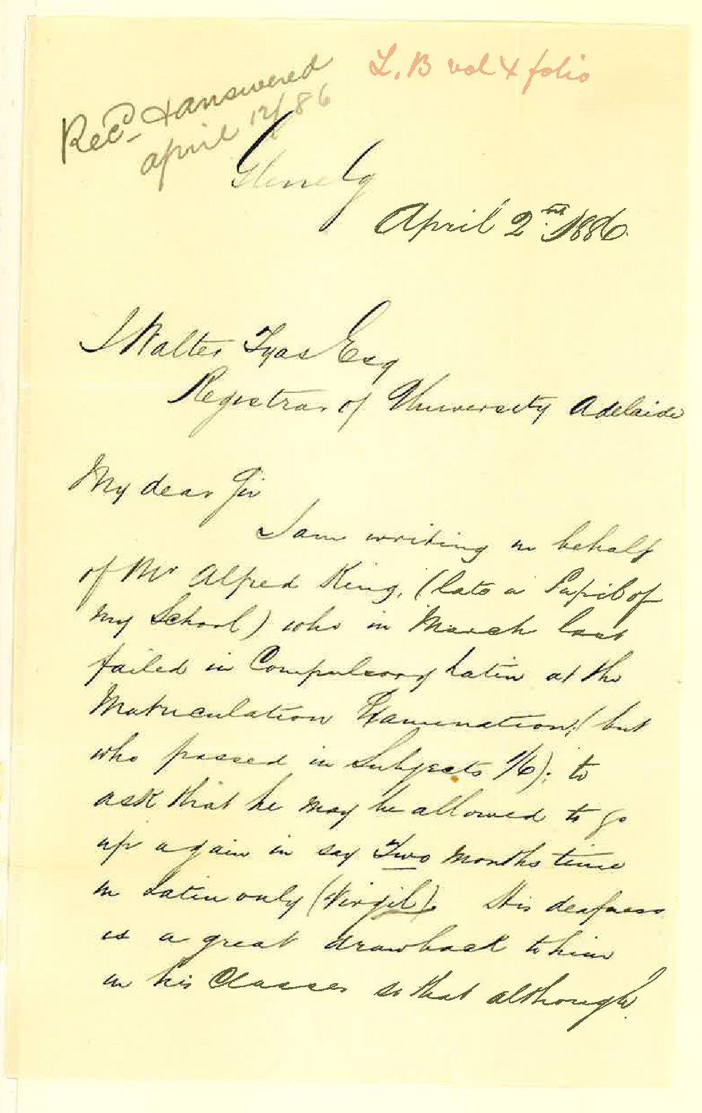 Frederick Caterer - Glenelg - Requesting Alfred King be Examined in Compulsory Latin Only