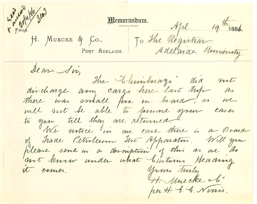 Hugo Carl Emil Muecke and Co - Port Adelaide - Clearing of Chemicals and Apparatus from Customs