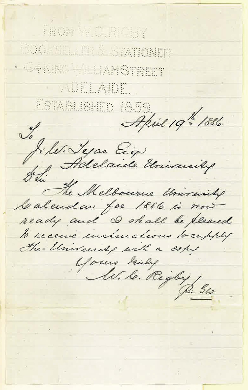 W C Rigby - Adelaide - Melbourne University Calendar