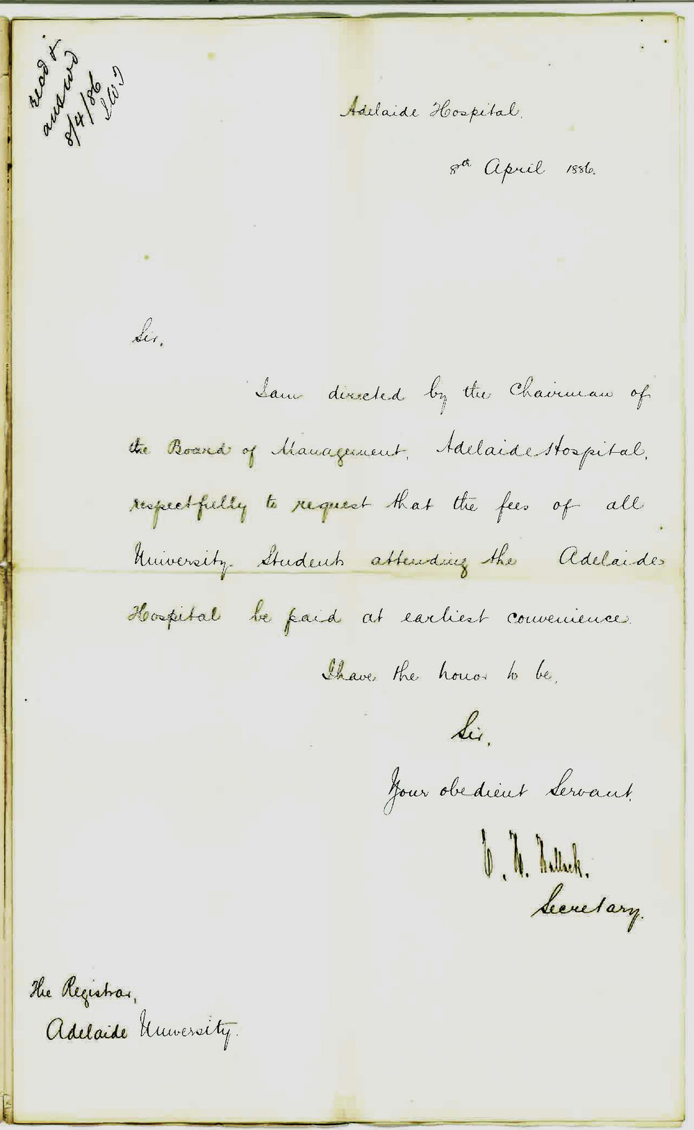 E H Hallack - Secretary - Adelaide Hospital - Requesting Payment of Medical Students Fees