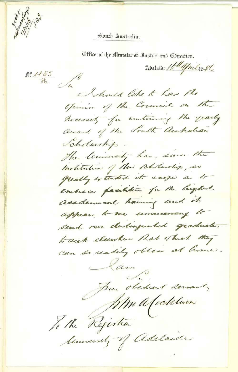 Minister of Education - General Post Office [GPO] - On Discontinuing the South Australian Scholarship