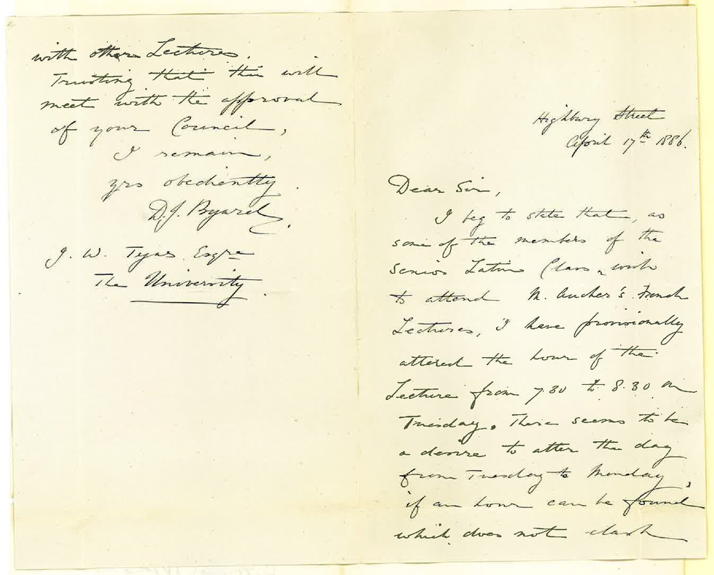 Douglas John Byard - Alteration in time of Lectures Evening Latin Class