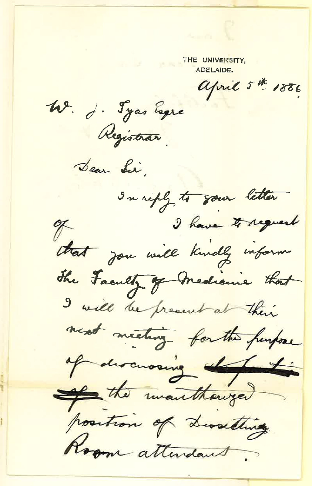 Dr Archibald Watson - The University - Concerning the Engagement of Dissecting Room Cleaner and Meeting of Medical Faculty