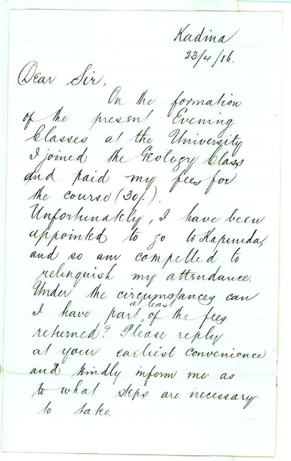 William Ham - Kadina - Request for Refund for Evening Classes