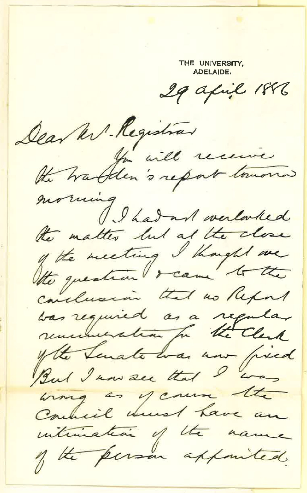 James Thompson Hackett - Clerk of the Senate - Wardens Report Number 1 for 1886