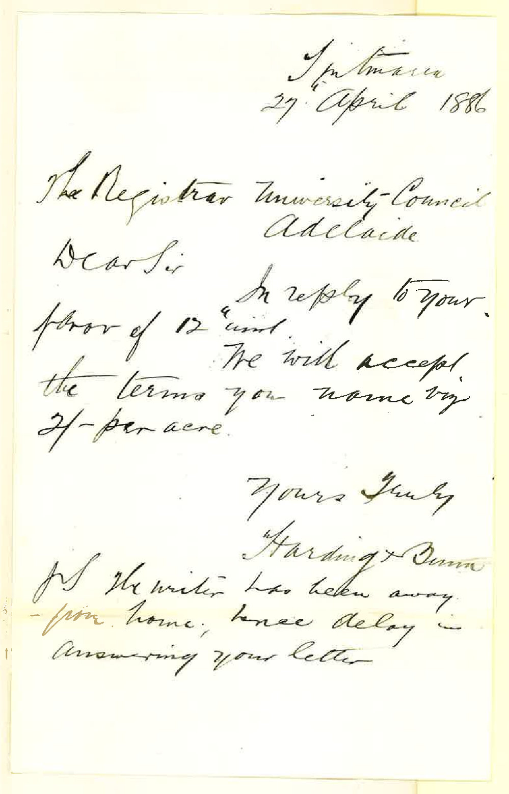 William Harding and George Bunn - Tintinara - Accepting Terms Regarding Rent Offered by Council