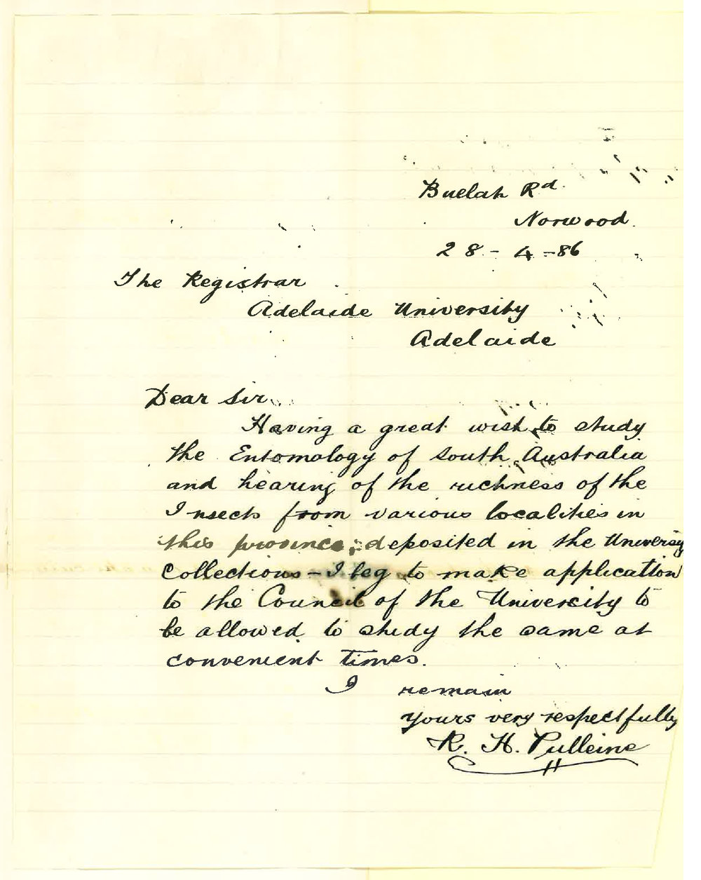 Robert Henry Pulliene - Norwood - Asking to be Allowed to Study Entomological Specimens in the University