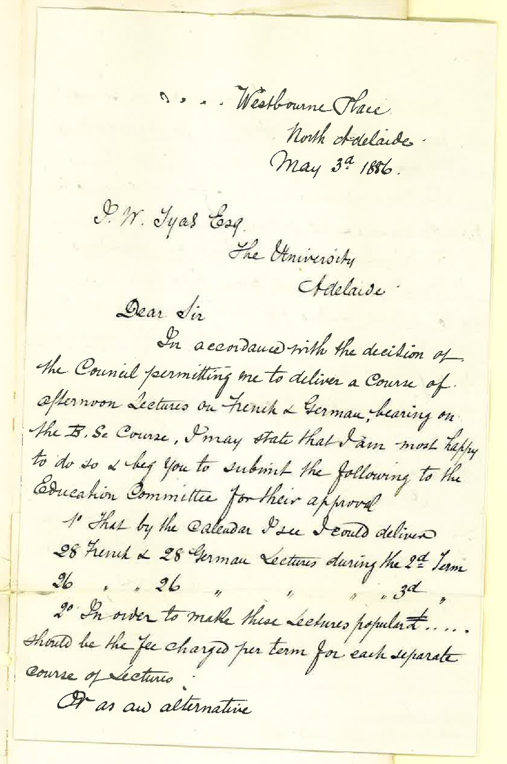 Arthur Constant Aucher - North Adelaide - Concerning Afternoon French and German Classes