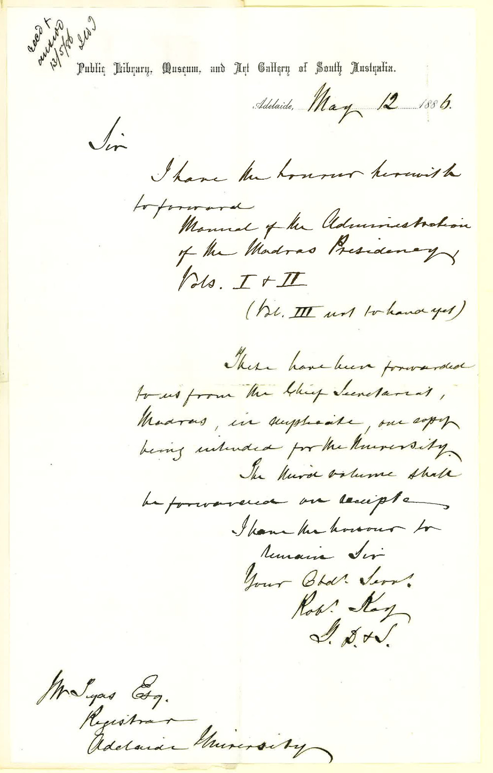 Robert Kay - Secretary - Public Library Museum and Art Gallery of South Australia - Presentation of Manual of the Administration of Madras Presidency