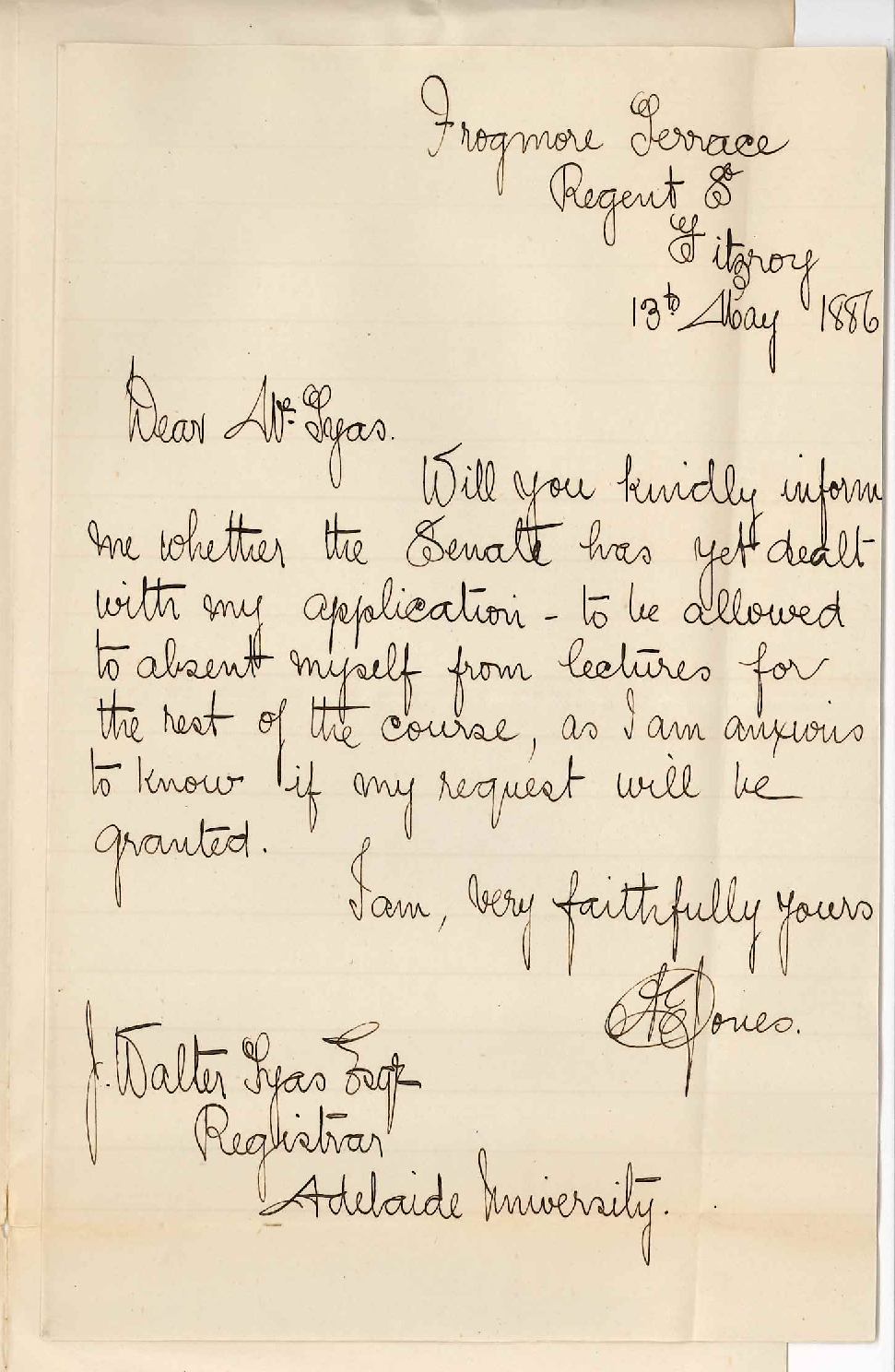 Albert E Jones - Fitzroy Victoria - Exemption from Lectures