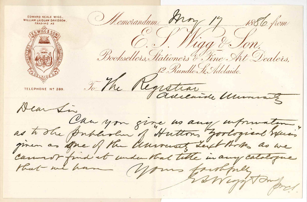 Messrs E S Wigg and Son - Rundle Street Adelaide - Text Book on Zoology