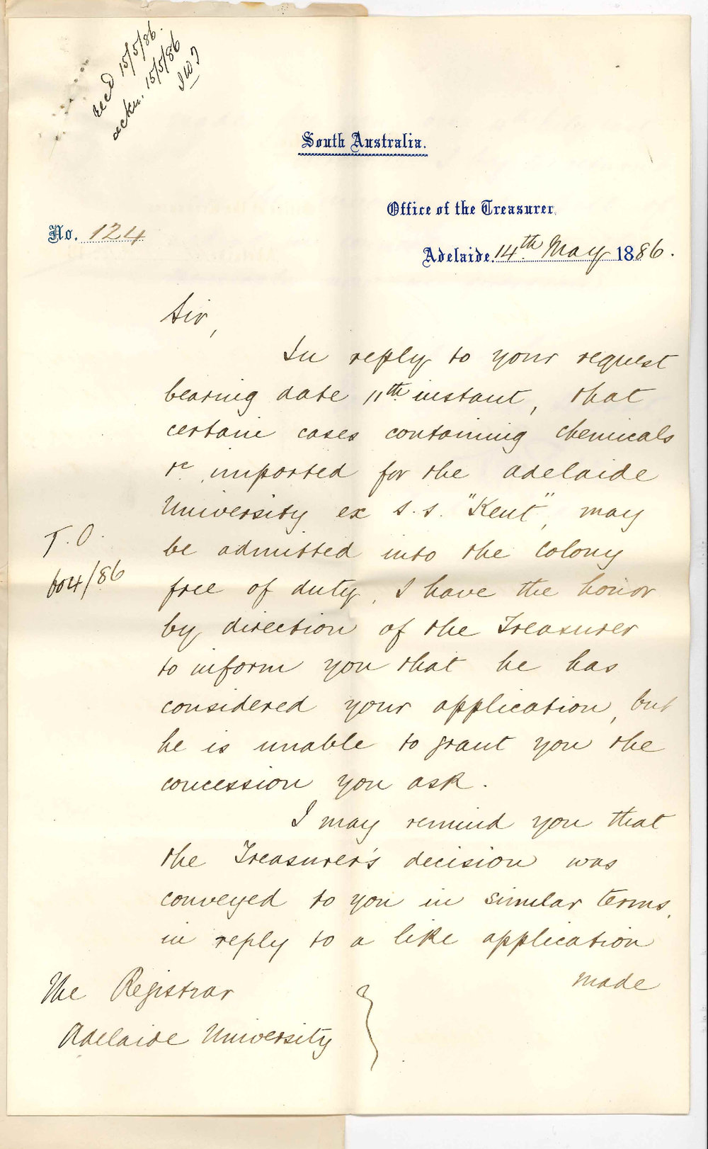 Lionel Henry Sholl - Under Treasurer - Adelaide - Refusal to Allow Chemical ex S S Kent to Come in Free of Duty