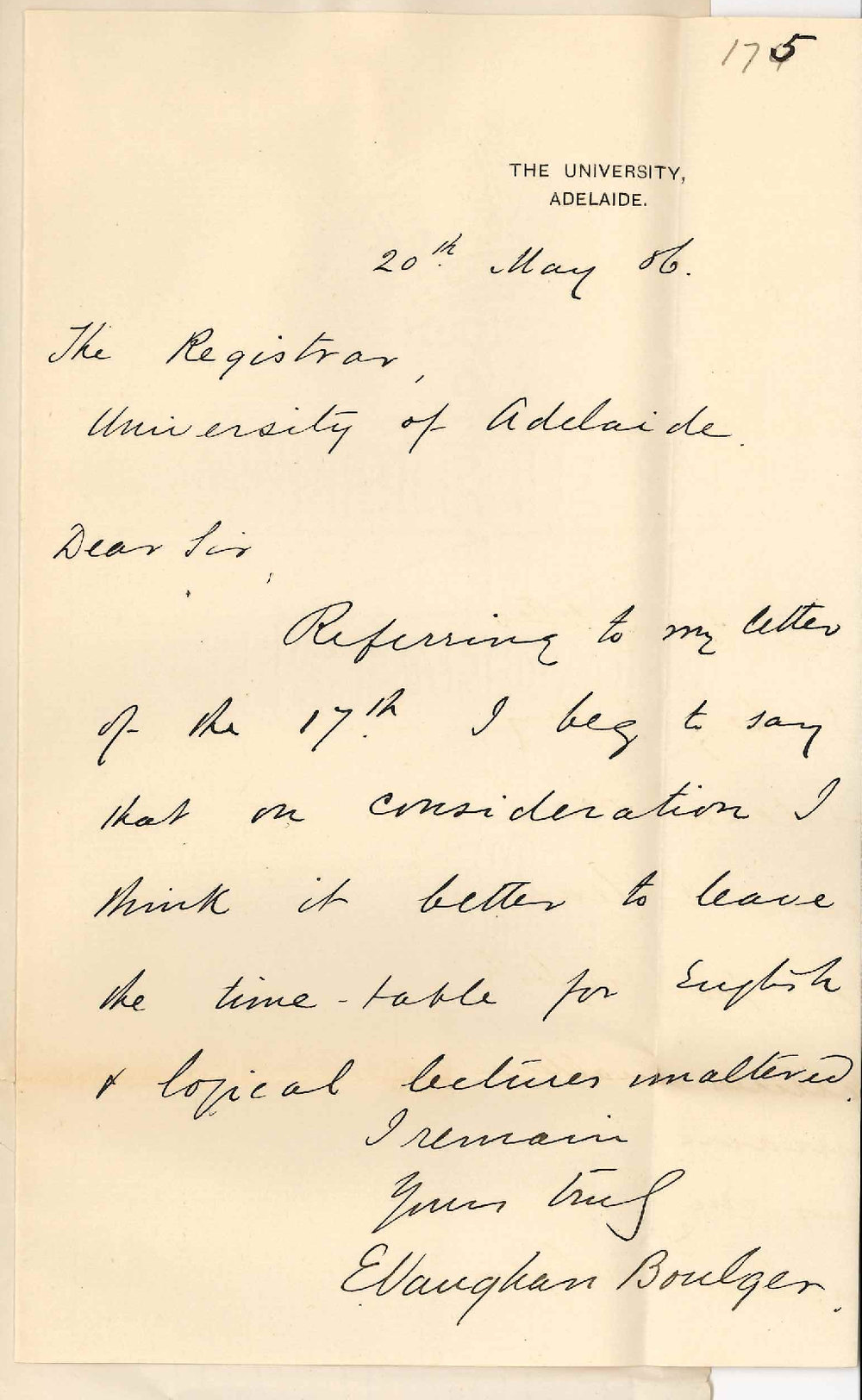 Professor Edward Vaughan Boulger - The University -  Alteration in Time of Lectures