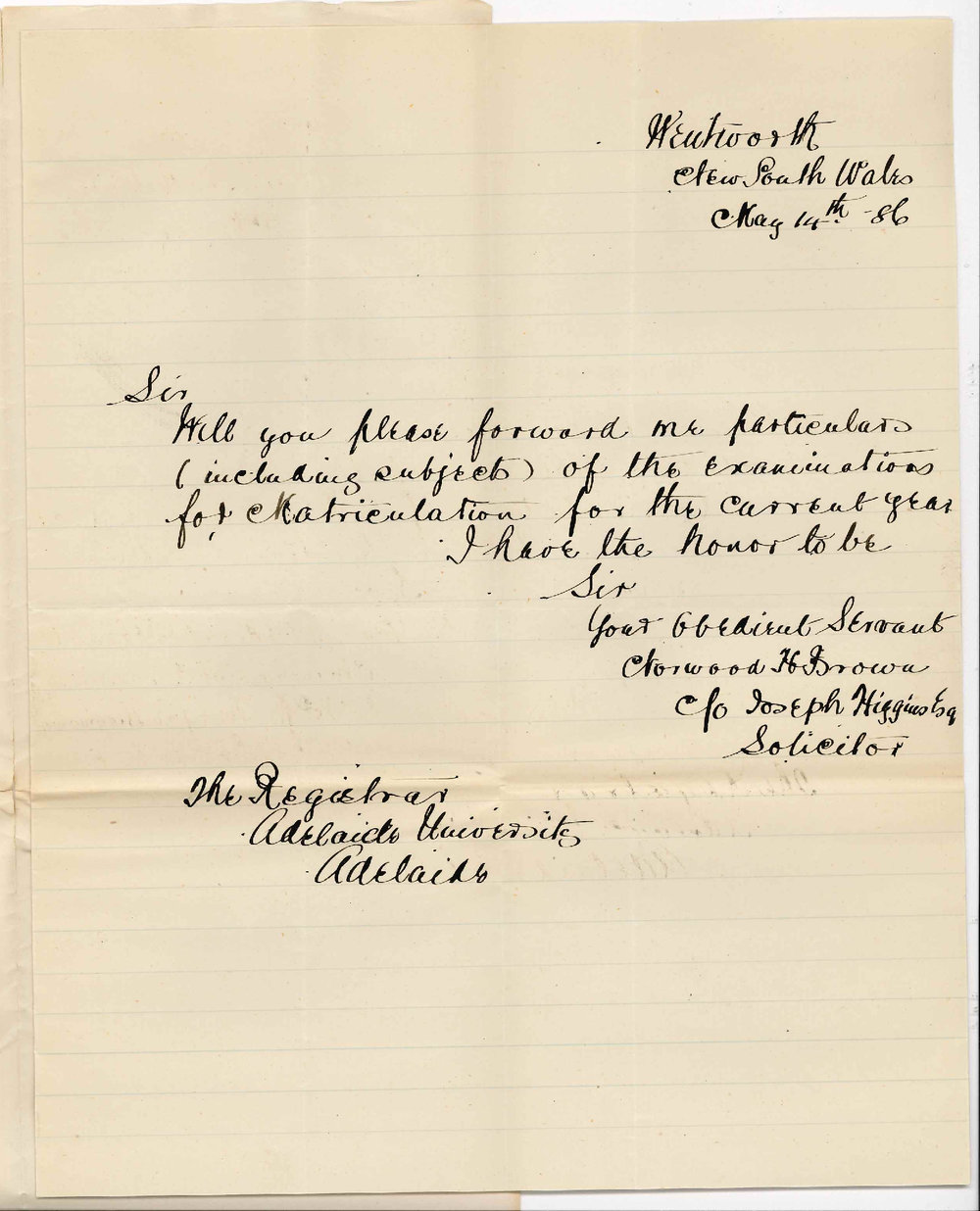 Norwood H Brown - Wentworth NSW - Particulars of the Matriculation Examination