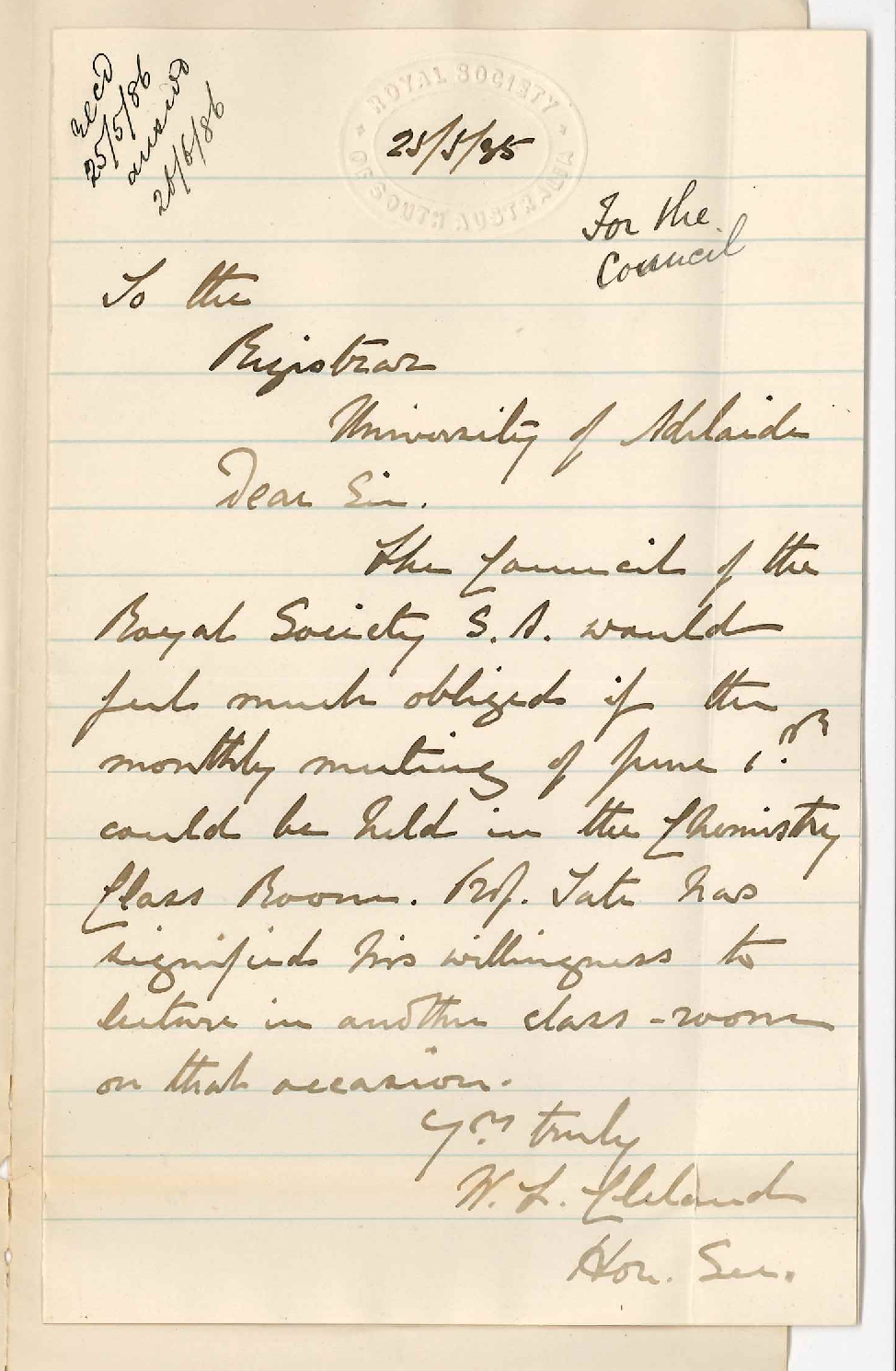 Dr William Lenox Cleland - Royal Society of South Australia - Loan of Lecture Room