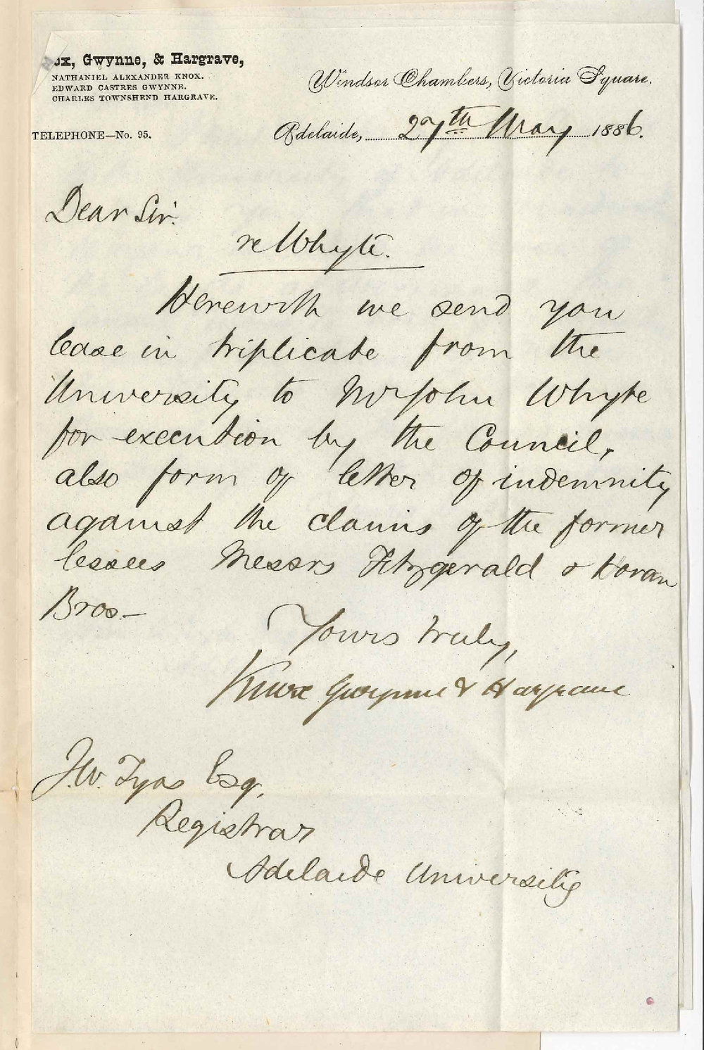 Knox Gwynne and Hargrave - Victoria Square Adelaide - Mr J Whyte's Lease of Wirreanda Lands