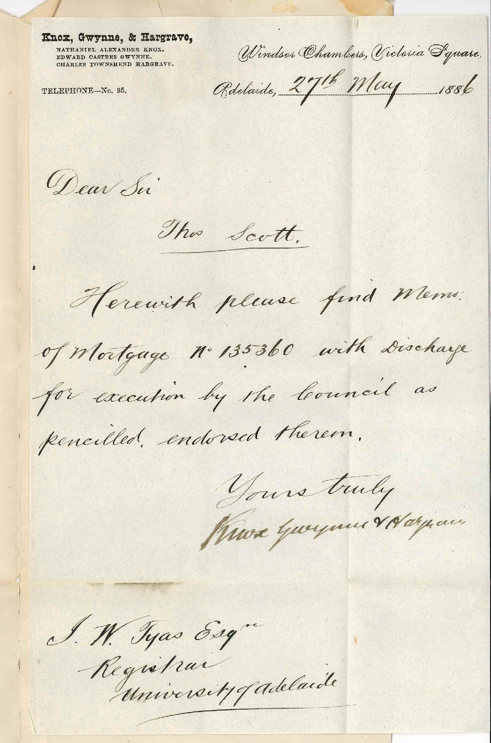 Knox Gwynne and Hargrave - Victoria Square Adelaide - Mr Thos Scott's Mortgage