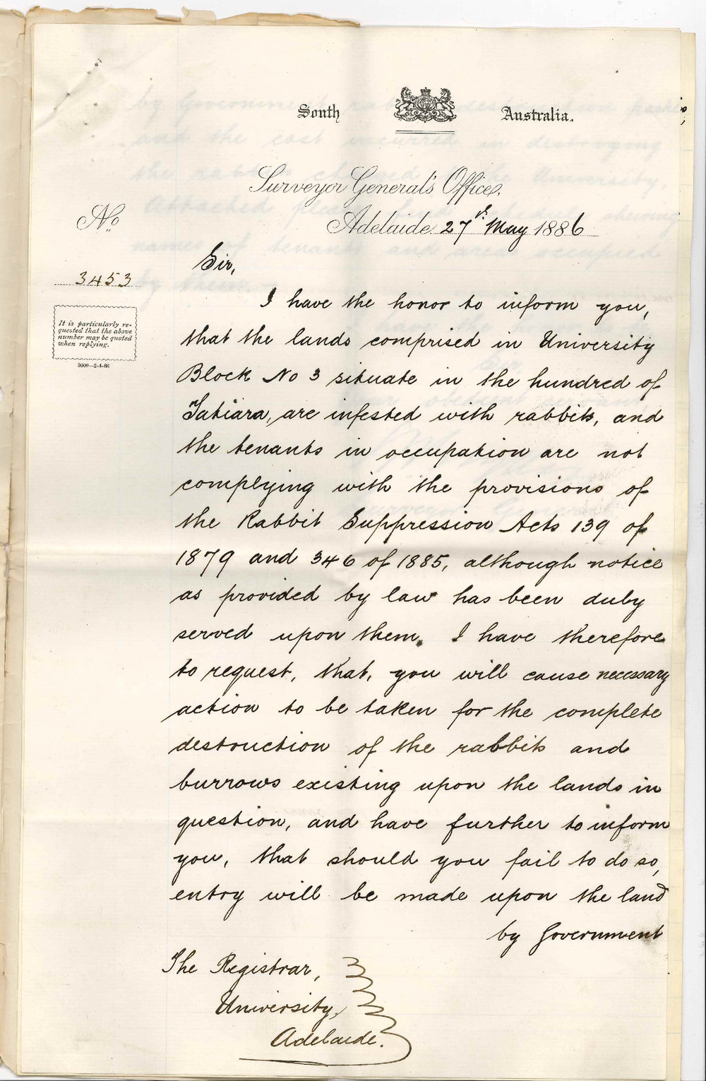 George Woodroffe Goyder - Surveyor Generals Office's - Adelaide - Destruction of Rabbits on University Lands at Tatiara