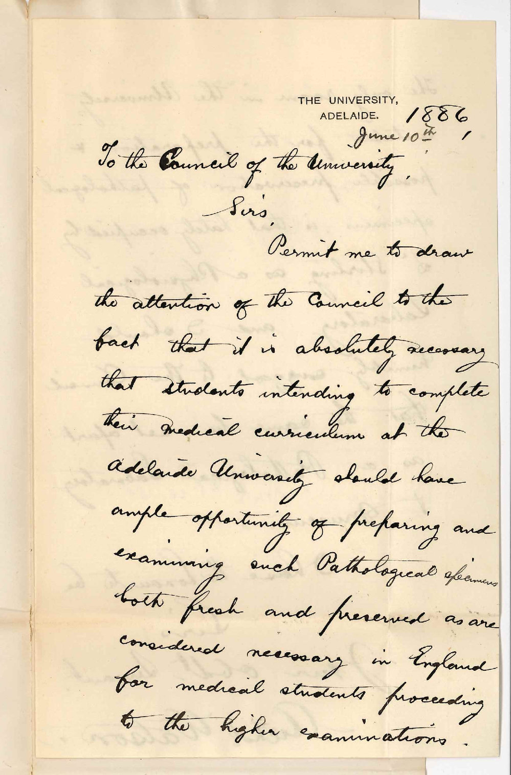 Professor Archibald Watson - The University - Requesting that Biological Room may be used as Pathological Museum