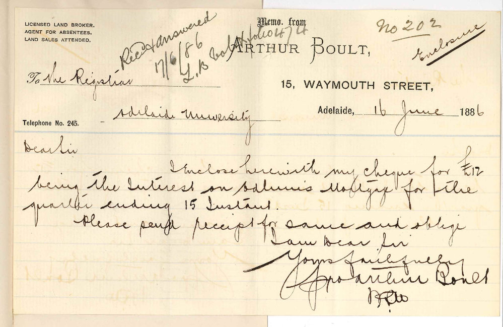 Arthur Boult - Waymouth Street Adelaide - Payment of Quarters Interest for Mr Odlum