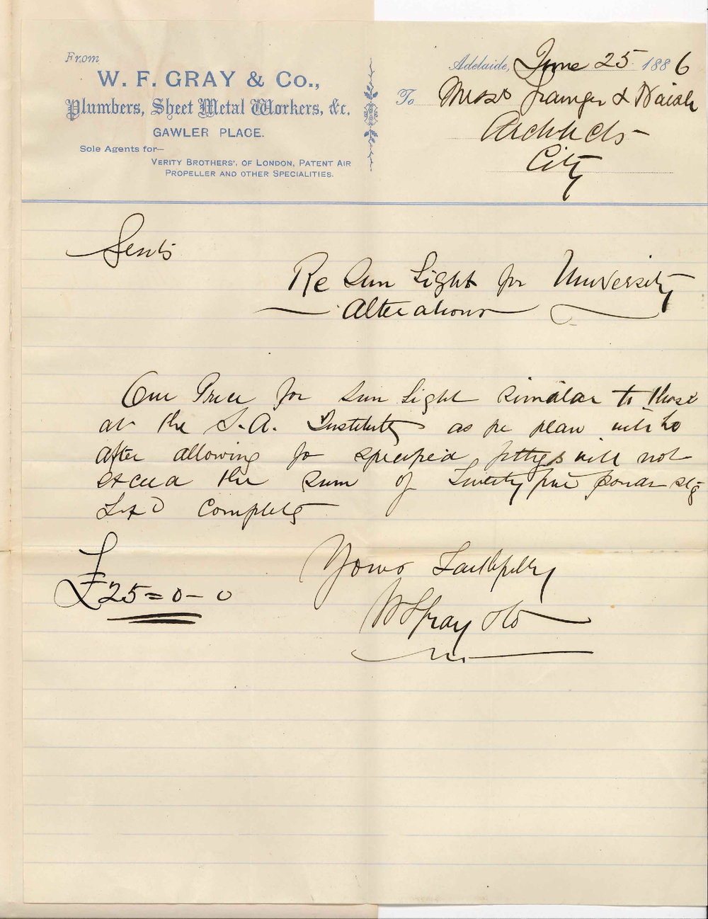 John Grainger and Frank Naish - Morialta Chambers - Victoria Square Adelaide - Estimate for Sunlight for New Medical Theatre