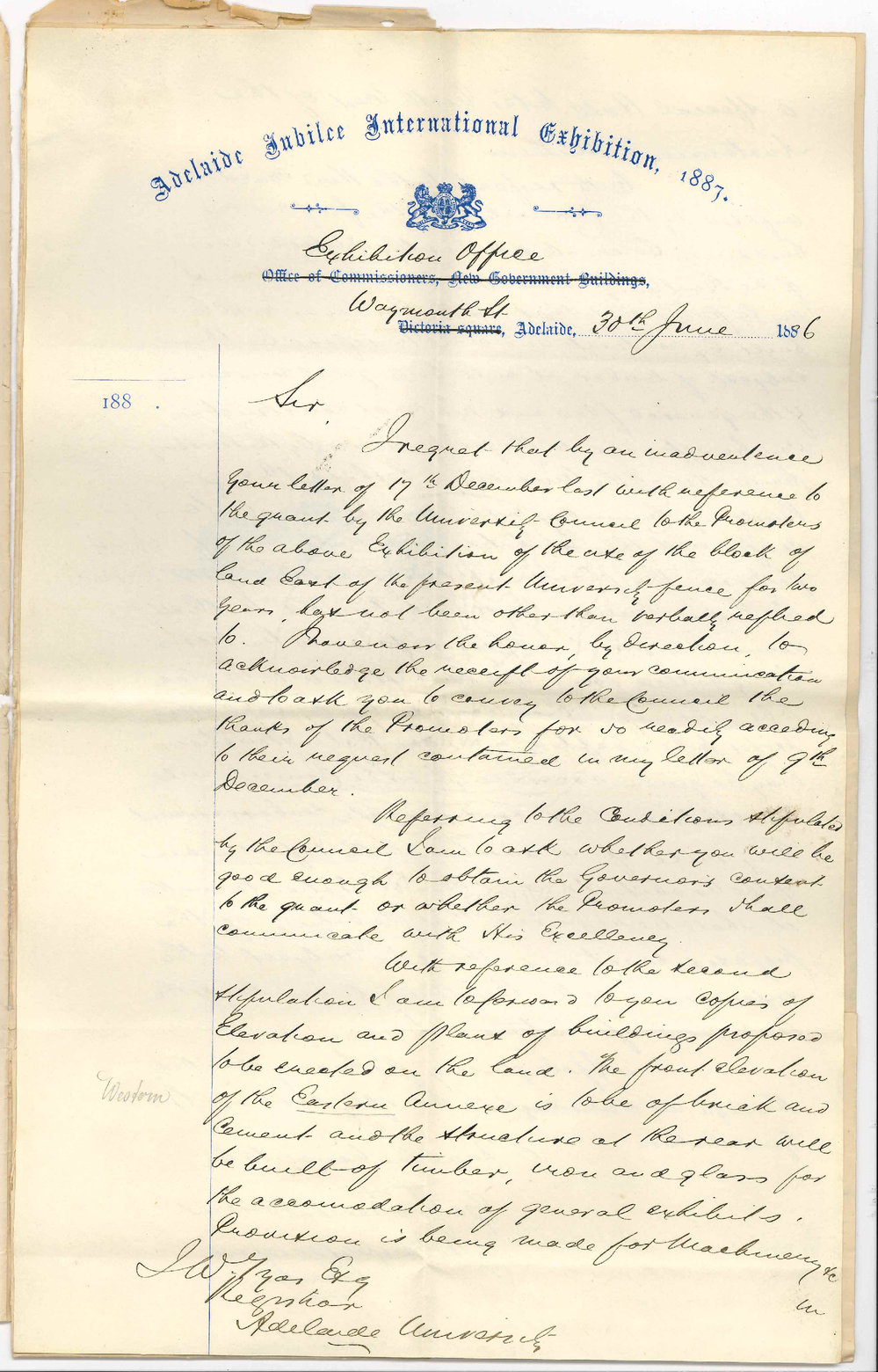 John Fairfax Conigrave - Secretary - Adelaide Jubilee International Exhibition - Waymouth Street Adelaide - Use of University Land for Exhibition Purposes