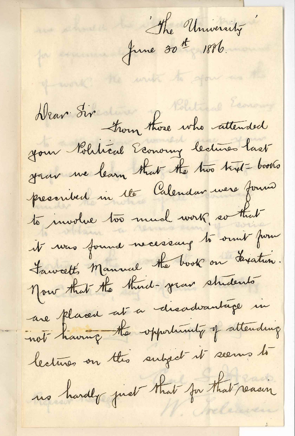 Cecil S Mead and W Treleaven to Professor Edward Boulger - Remission of some Political Economy work for third year Students