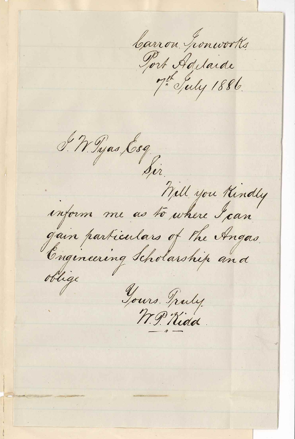 W P Kidd - Port Adelaide - Angas Engineering Scholarship