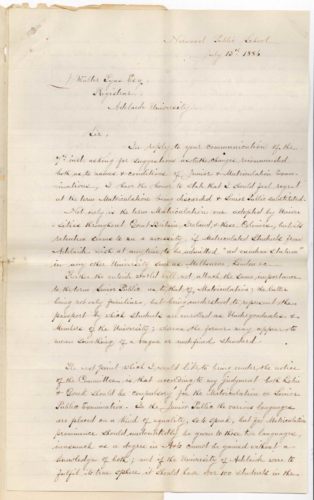 John Thomas Smyth - Head Master - Norwood Public School - Changes in Junior and Matriculation Examinations