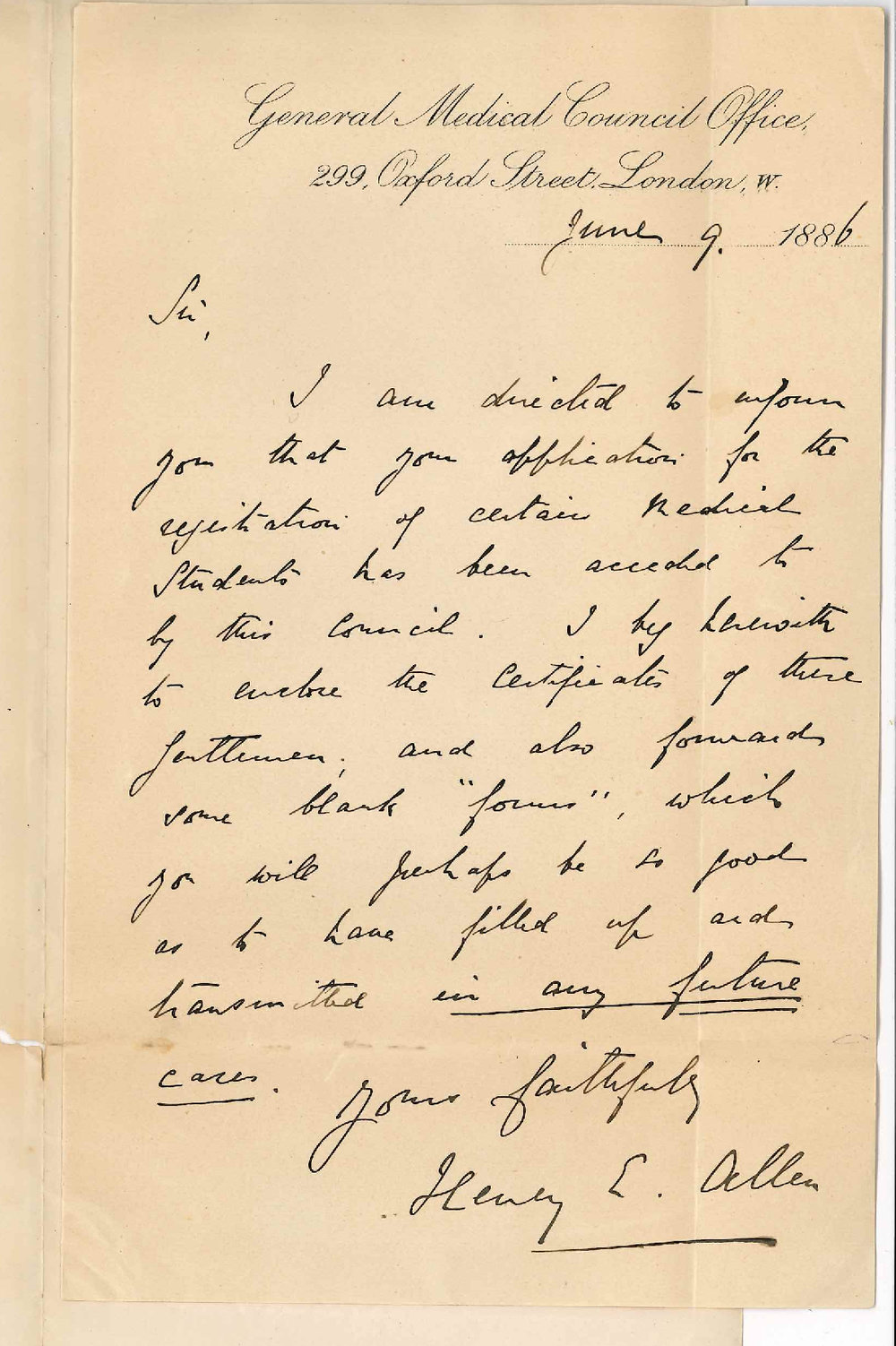 Henry L Allen - General Medical Council Office - London - Registration of Medical Students of Adelaide University