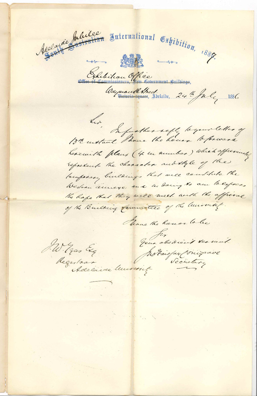 John Fairfax Conigrave - Secretary - Adelaide Jubilee International Exhibition - Waymouth Street Adelaide - Plans Representing the Character and Style of Temporary Buildings on Western Annexe During Exhibition