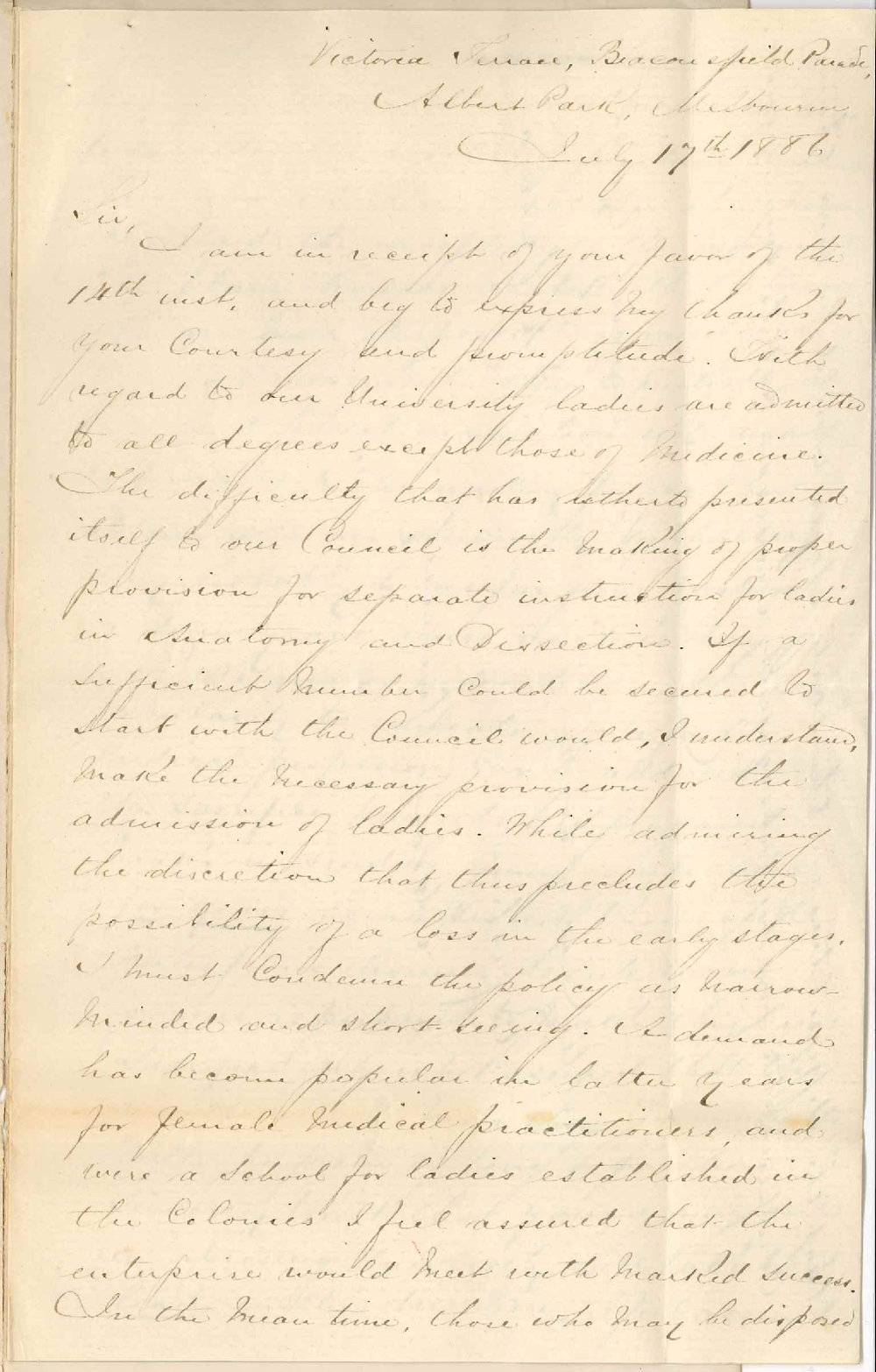 P K O'Hara - Albert Park Melbourne - Admission of Ladies to Medical School