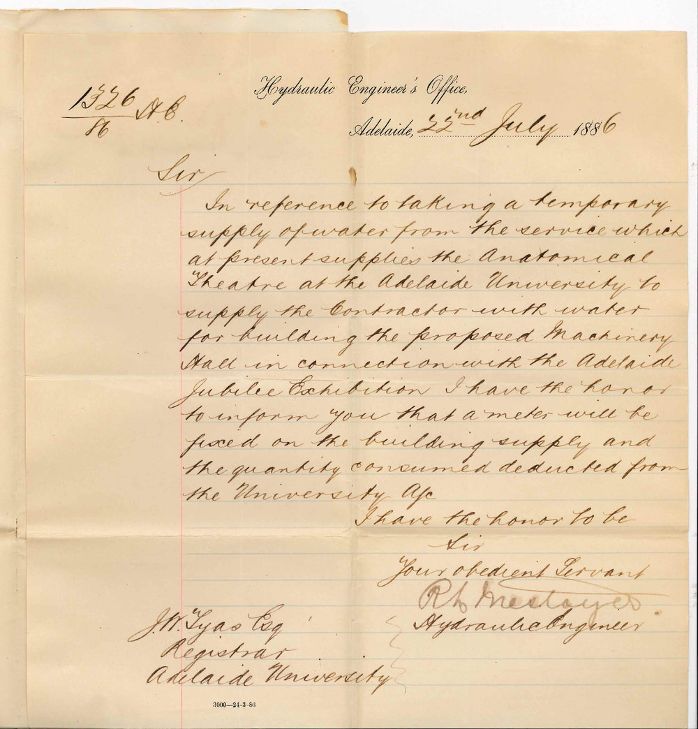 Hydraulic Engineers Office - Adelaide - Fixed Meter on the Building Supply for Water in Machinery Hall for Jubilee Exhibition