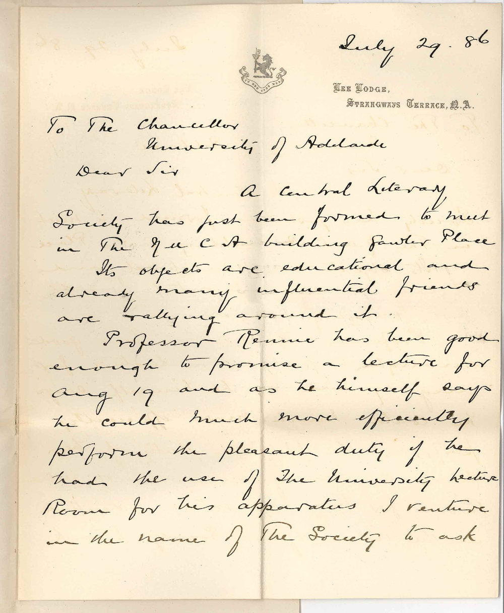 Richard Searle - North Adelaide - Request by Central Literary Society to Use Chemical Lecture Room for Lecture by Professor Rennie
