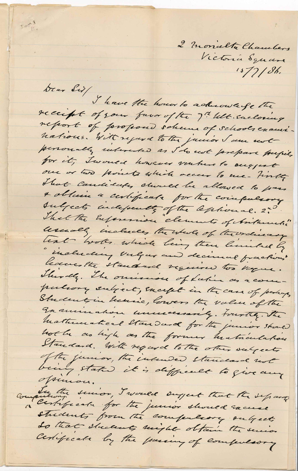 Frederick Augustus d'Arenberg - Comments on Junior and Senior Examinations