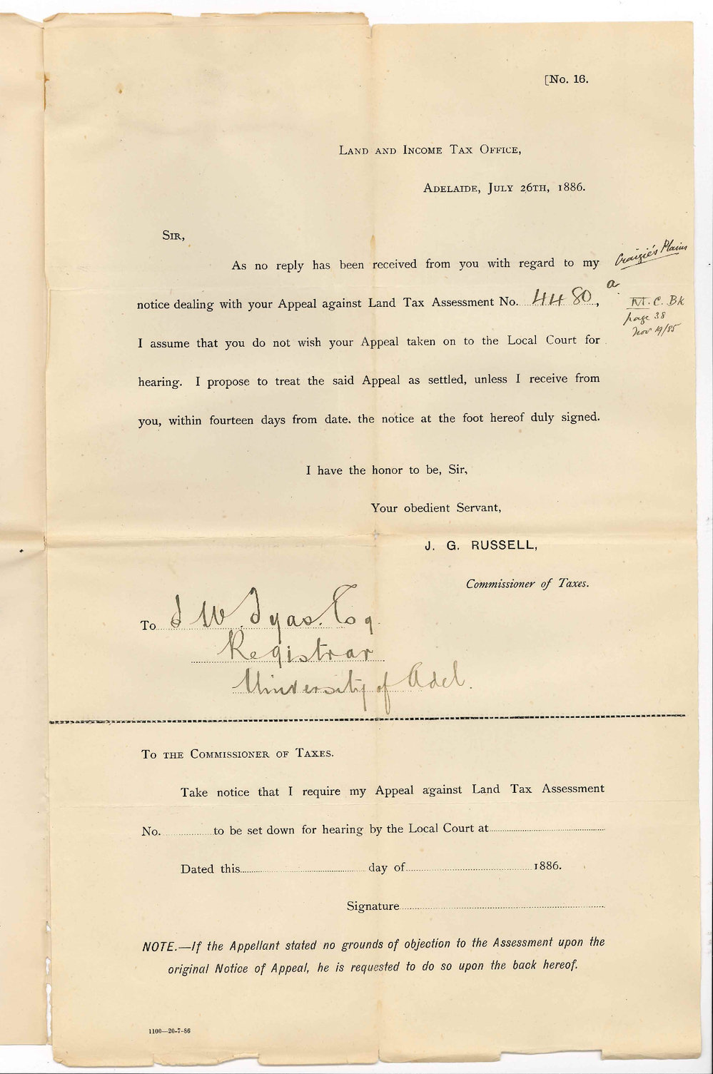The Commissioner of Taxes - Adelaide - Appeal against Land Tax
