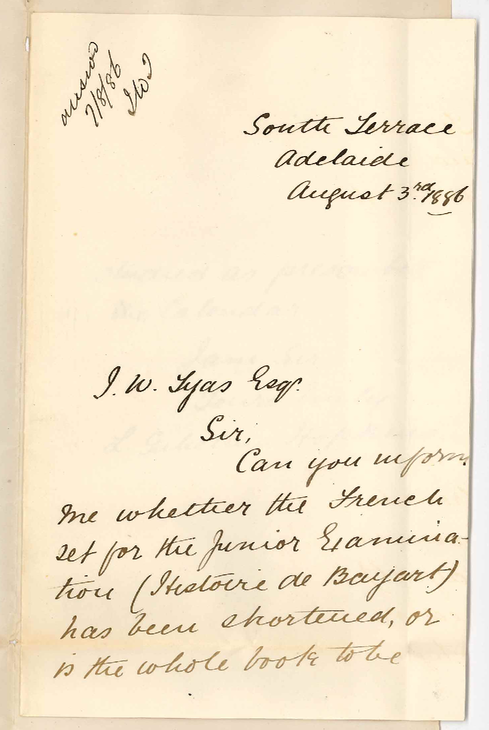 Miss L G Hopkins - South Terrace Adelaide - French for Junior Examination