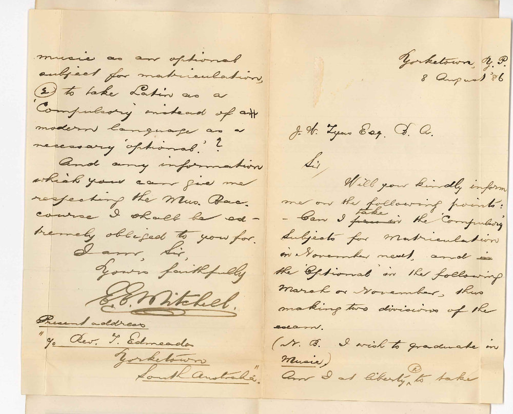 Ernest Edwin Mitchell - Yorketown Yorke Peninsula - Matriculation and the Music Bachelor Degree