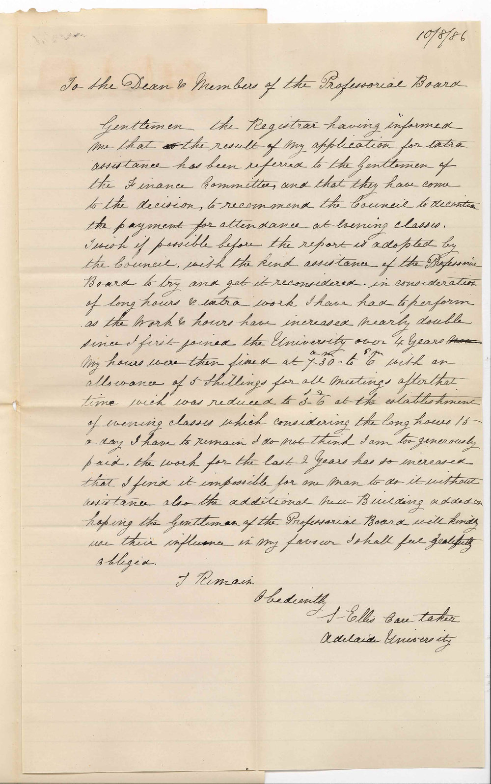 S Ellis - Caretaker - The University - Stoppage of Payment for Attendance on Evening Classes