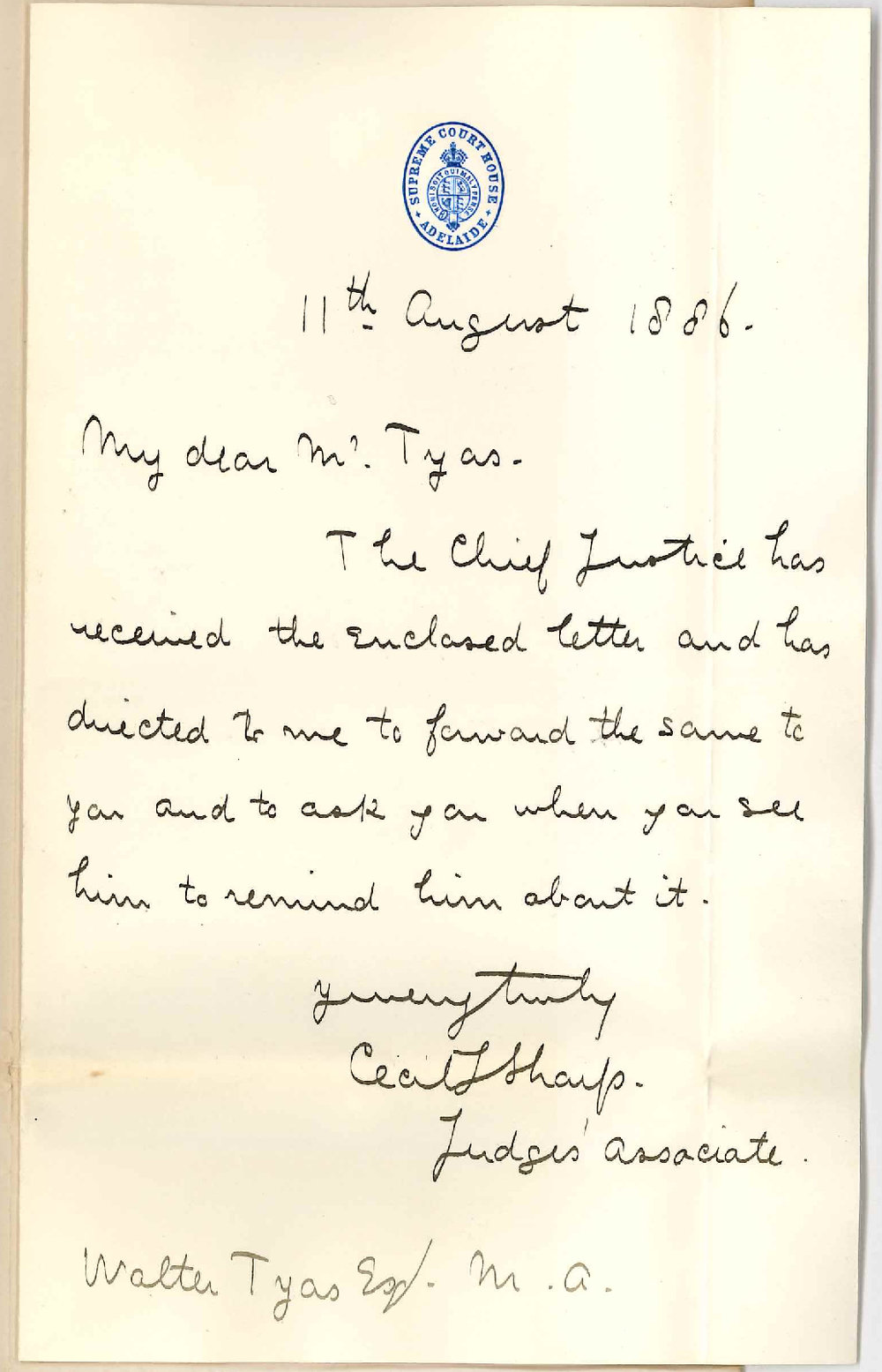 H S Bosworth - Brompton Park - via Chief Justice - Applying for Position of Assistant Caretaker