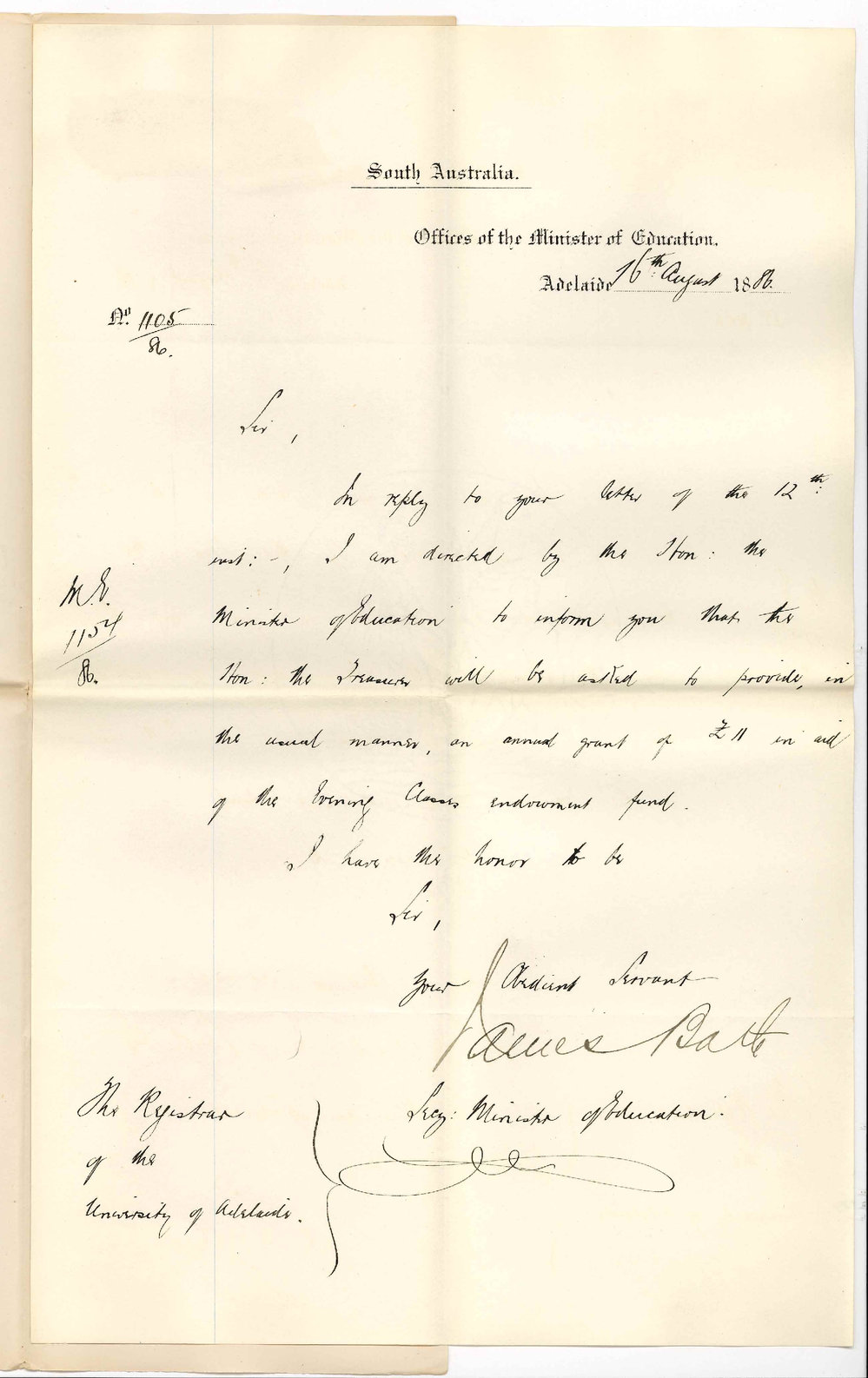 James Bath - Secretary - Office of the Minister of Education - Adelaide - Subsidy on Endowment of Evening Classes
