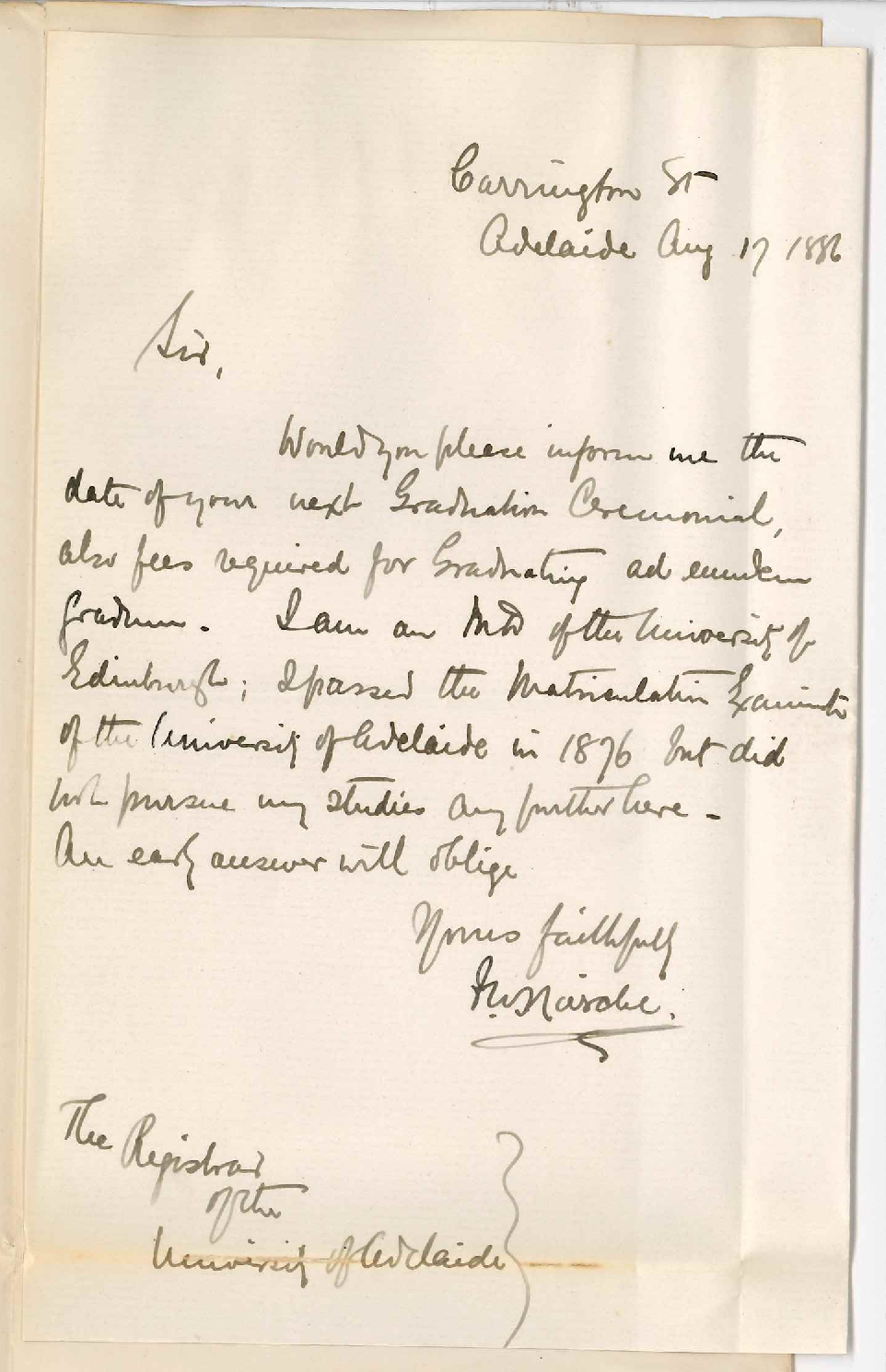 Dr F W Niesche MD - Carrington Street Adelaide - Admission Ad Eundem