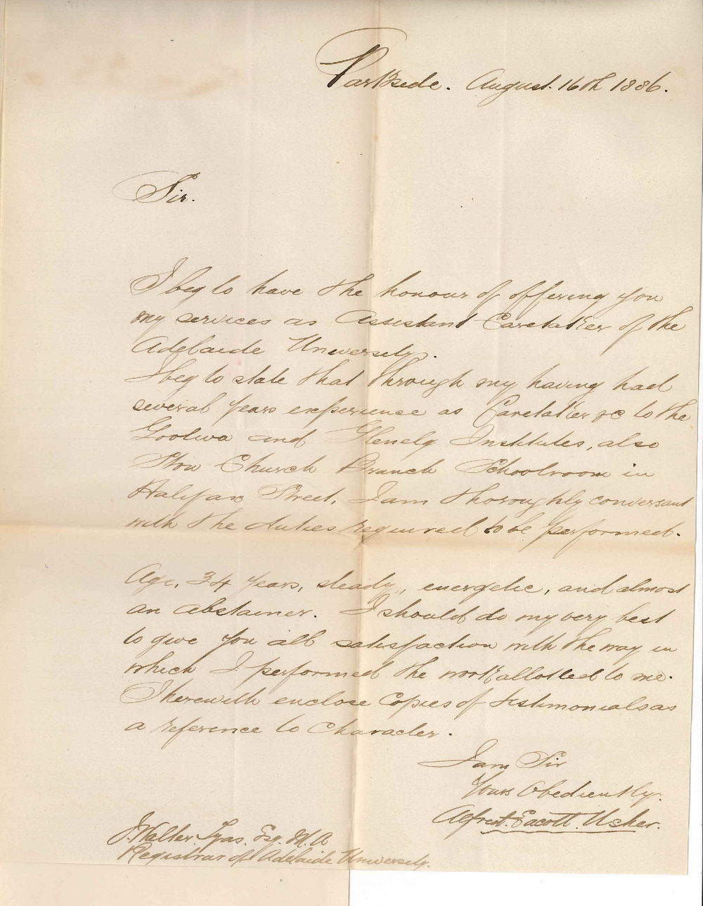 Alfred E Usher - Parkside - Application for Position of Assistant Caretaker