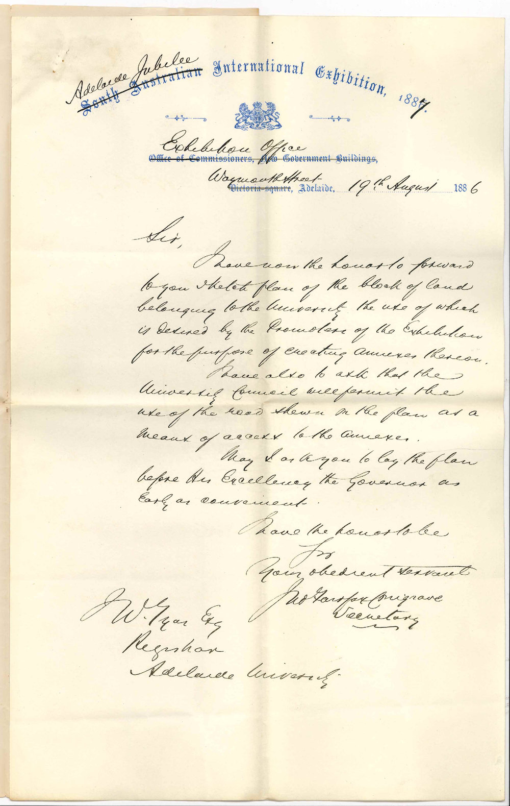 John Fairfax Conigrave - Secretary - Adelaide Jubilee International Exhibition - Waymouth Street Adelaide - Exhibition Building on University Land