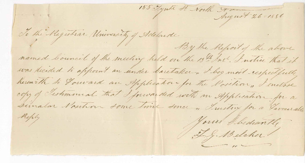 F G Belcher - North Adelaide - Applying for Position of Assistant Caretaker