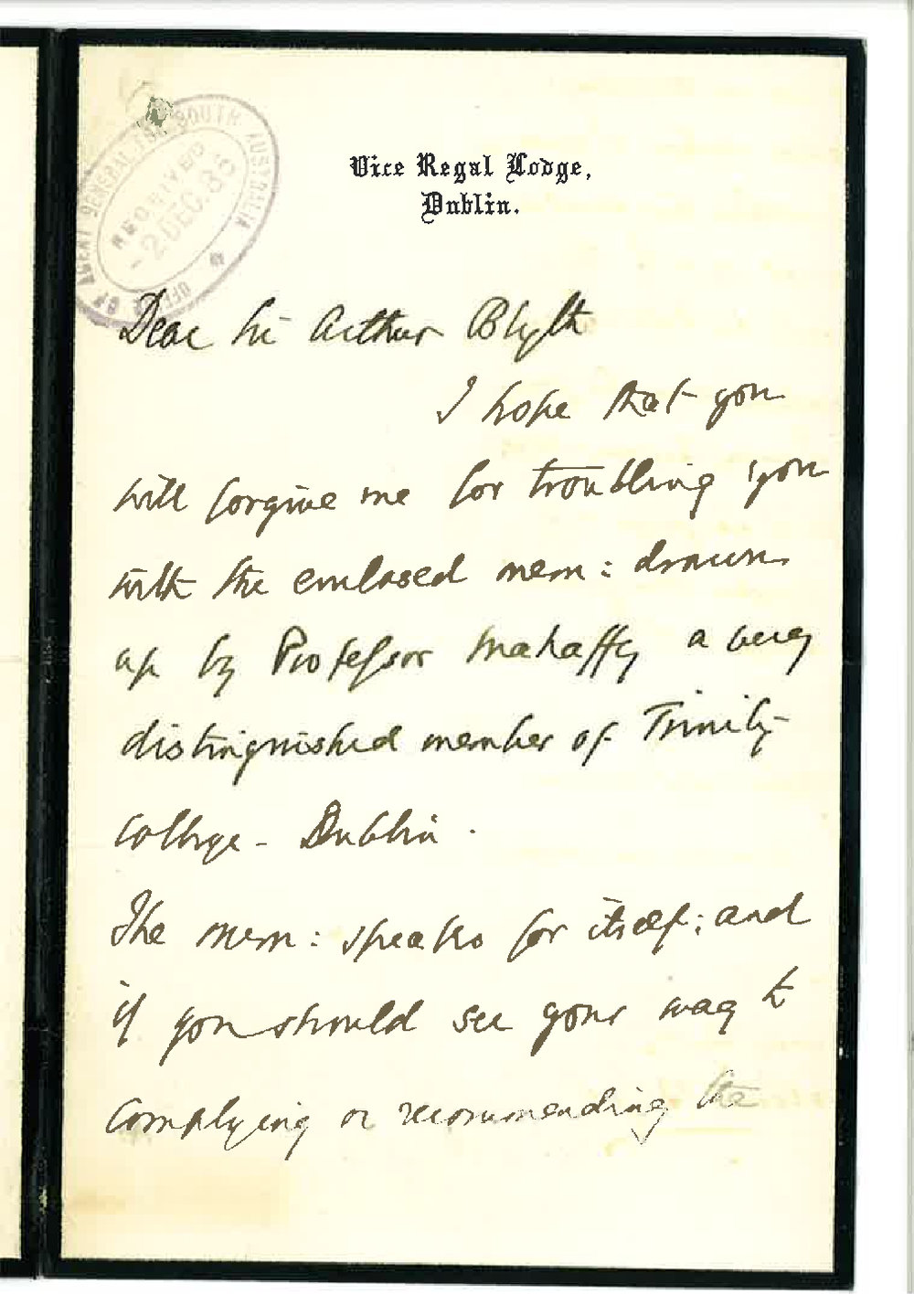 Arthur Blyth - Office of Agent General for South Australia - London - Irish Candidates for Appointments in Colonial Universities