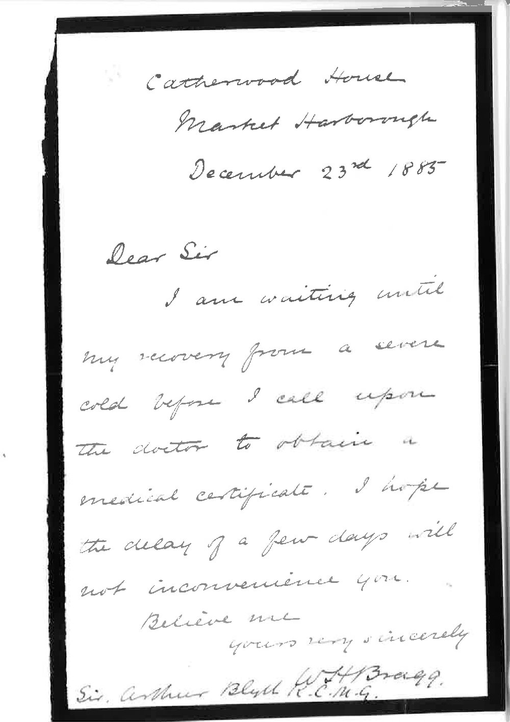 Arthur Blyth - Office of Agent General for South Australia - London - Professor Bragg's Medical Certificate
