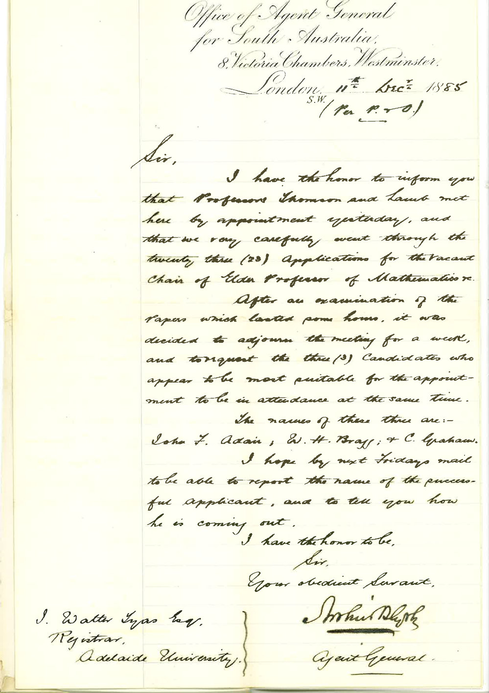 Arthur Blyth - Office of Agent General for South Australia - London - Professor of Mathematics